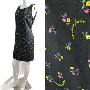Moschino Jeans Shift Dress Floral Black Denim Mini US Sz 8 I42 Vintage 90s